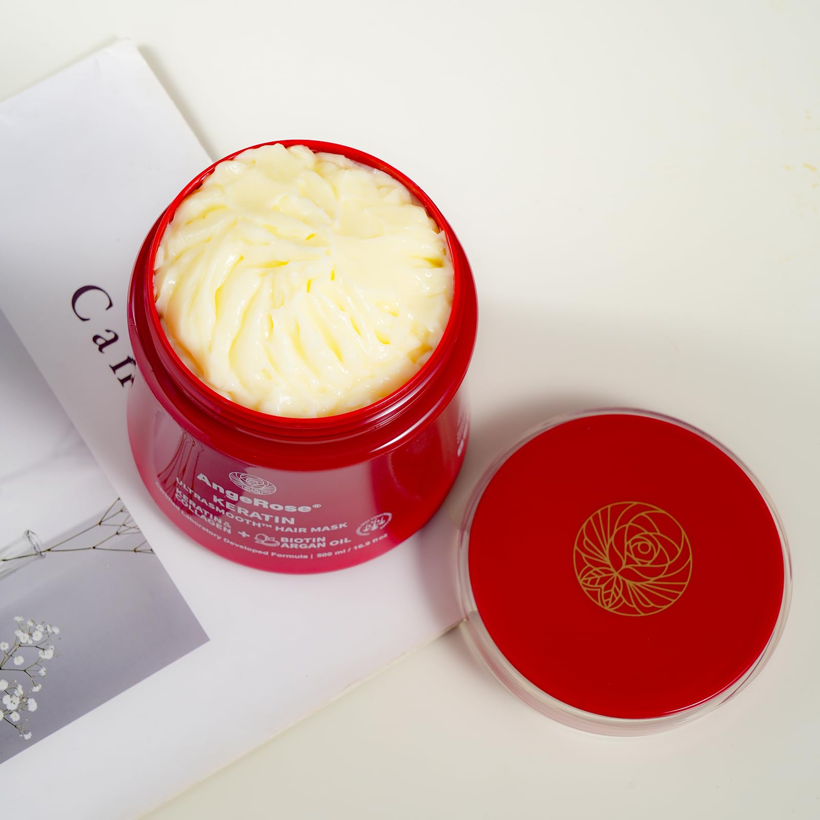 AngeRose Keratin Hair Mask bottle delivering lightweight hydration for hair.
