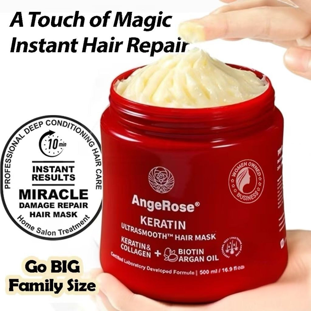 AngeRose Keratin Hair Mask ingredients close-up showing keratin, collagen, argan oil for strength.