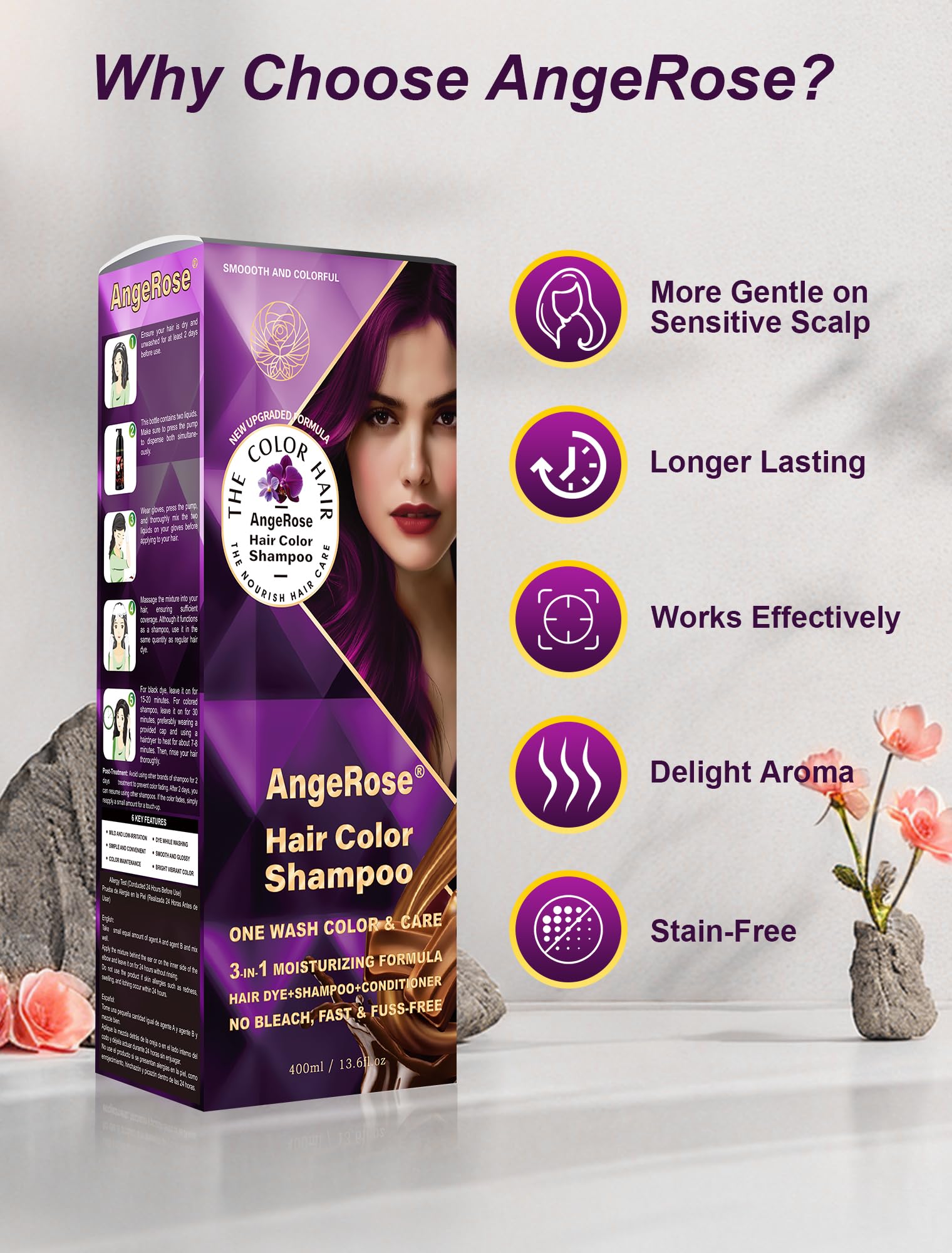 AngeRose botanicals ginger and ginseng highlight gentle care.