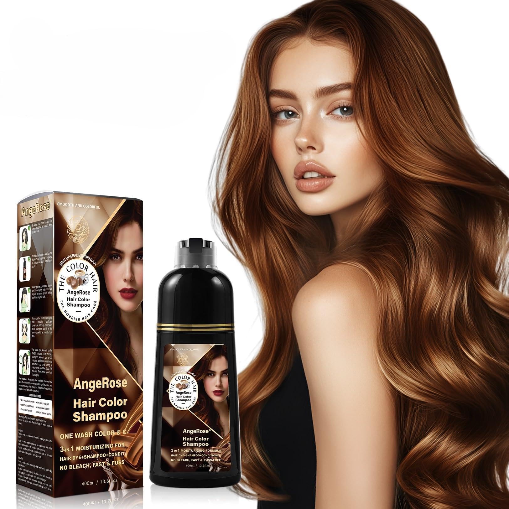 AngeRose Chestnut Brown Hair Dye Shampoo bottle shows easy, no-mix application.