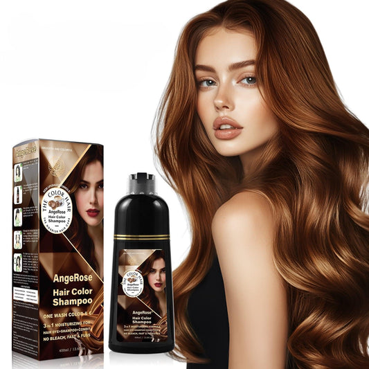 AngeRose Chestnut Brown Hair Dye Shampoo bottle shows easy, no-mix application.