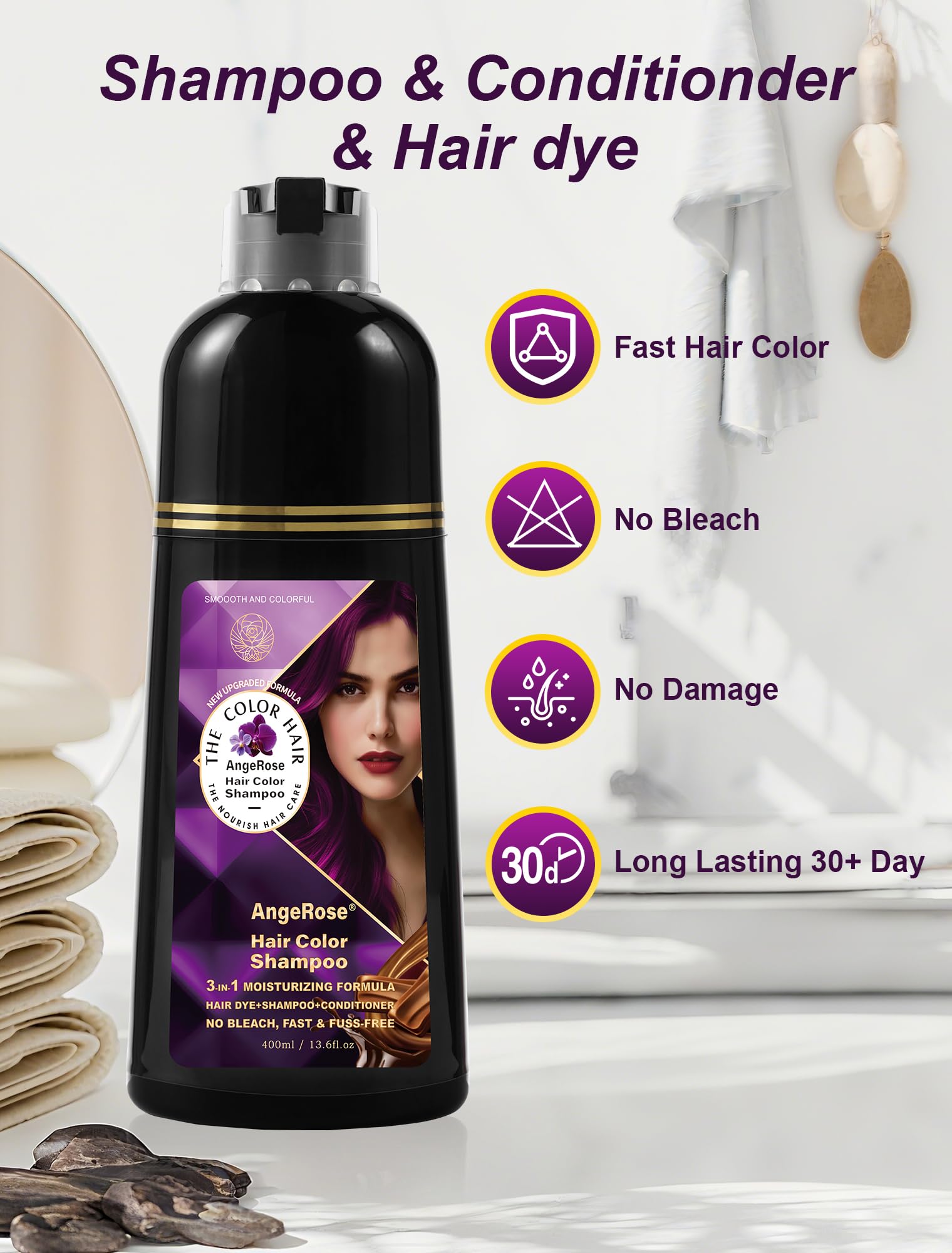 AngeRose Hair Dye Shampoo application demonstrates easy, mess-free root touch-ups.