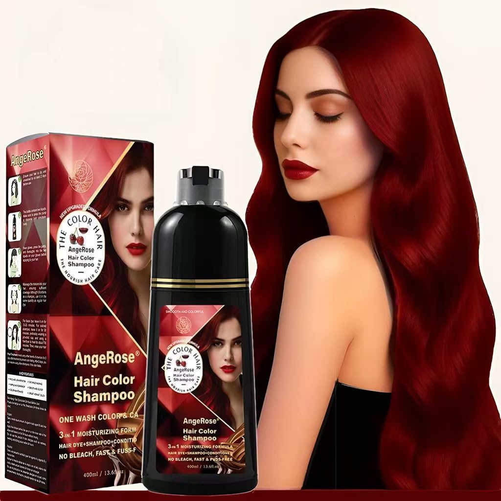 AngeRose Hair Dye Shampoo bottle in wine red shade for gray coverage.