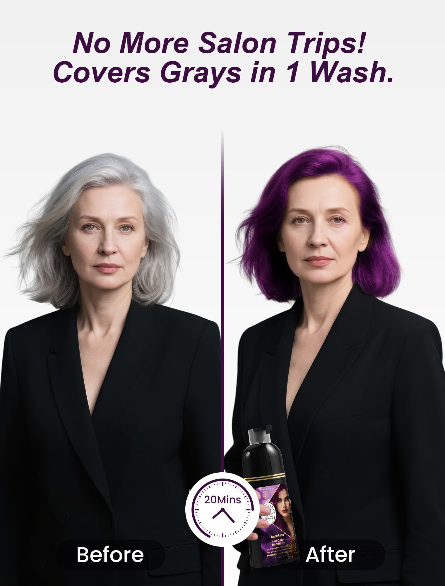 AngeRose bottle shows cleansing and conditioning in one wash for shine.