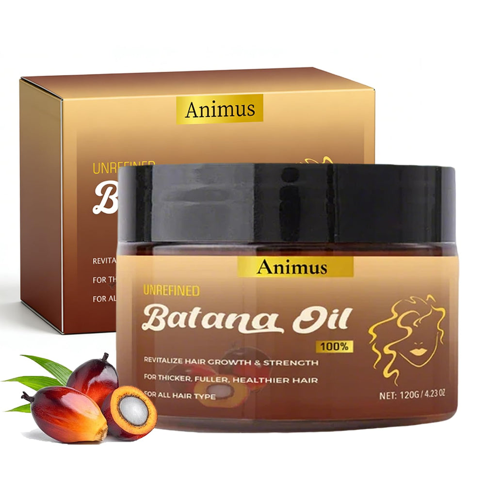 Animus Batana oil bottle close-up shows rich texture for scalp nourishment.