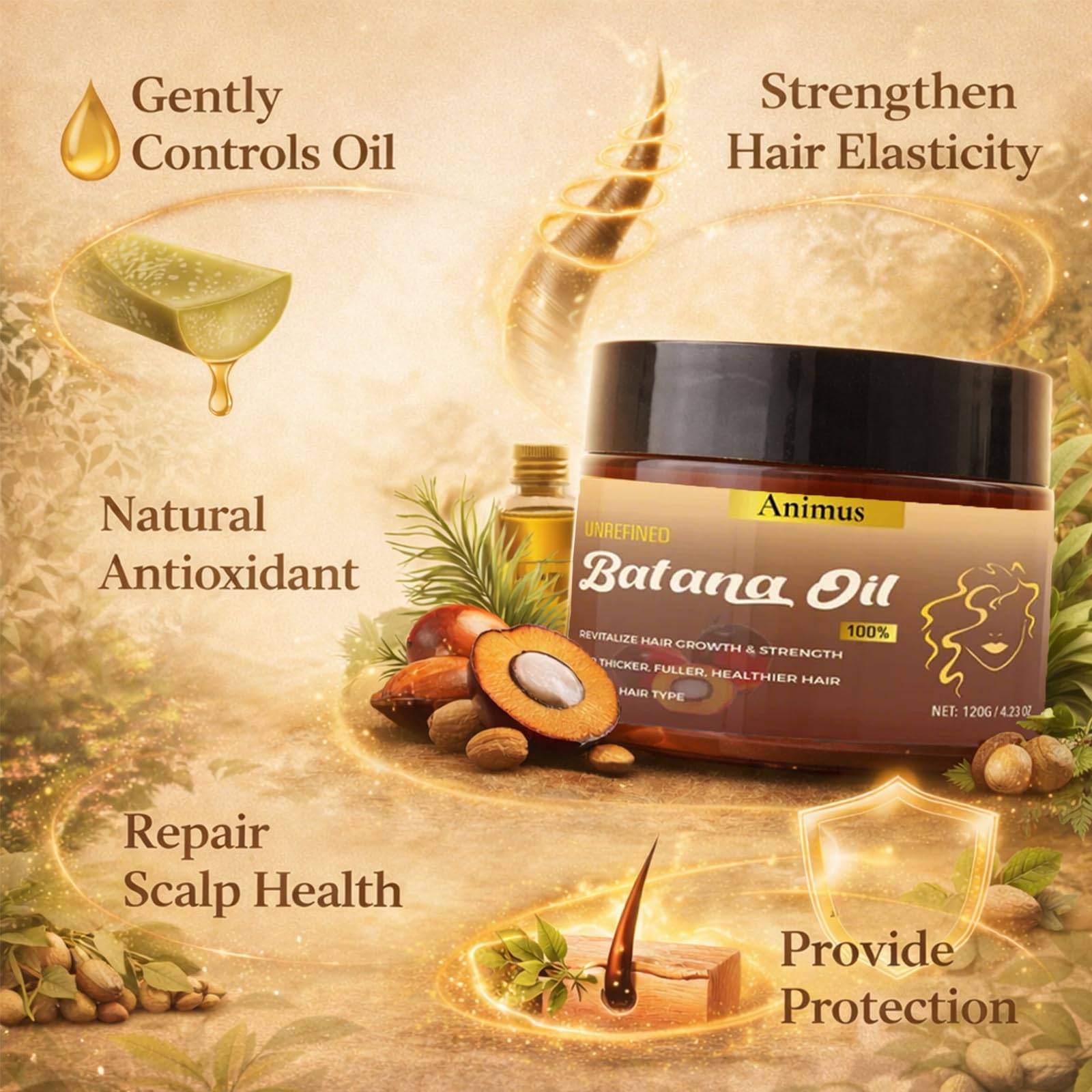Product packaging highlights 100% pure Batana oil formula.