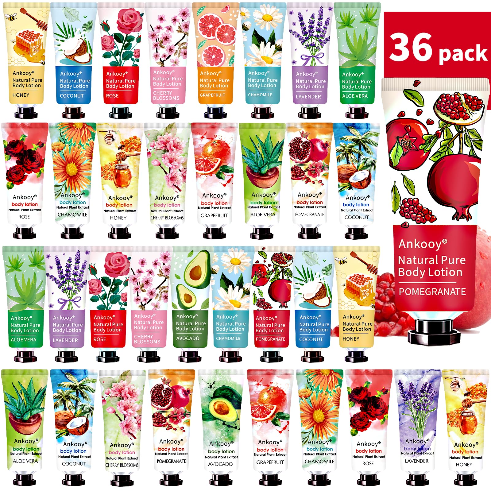 ANKOOY 36-pack body lotion with ten fragrances for daily moisture.