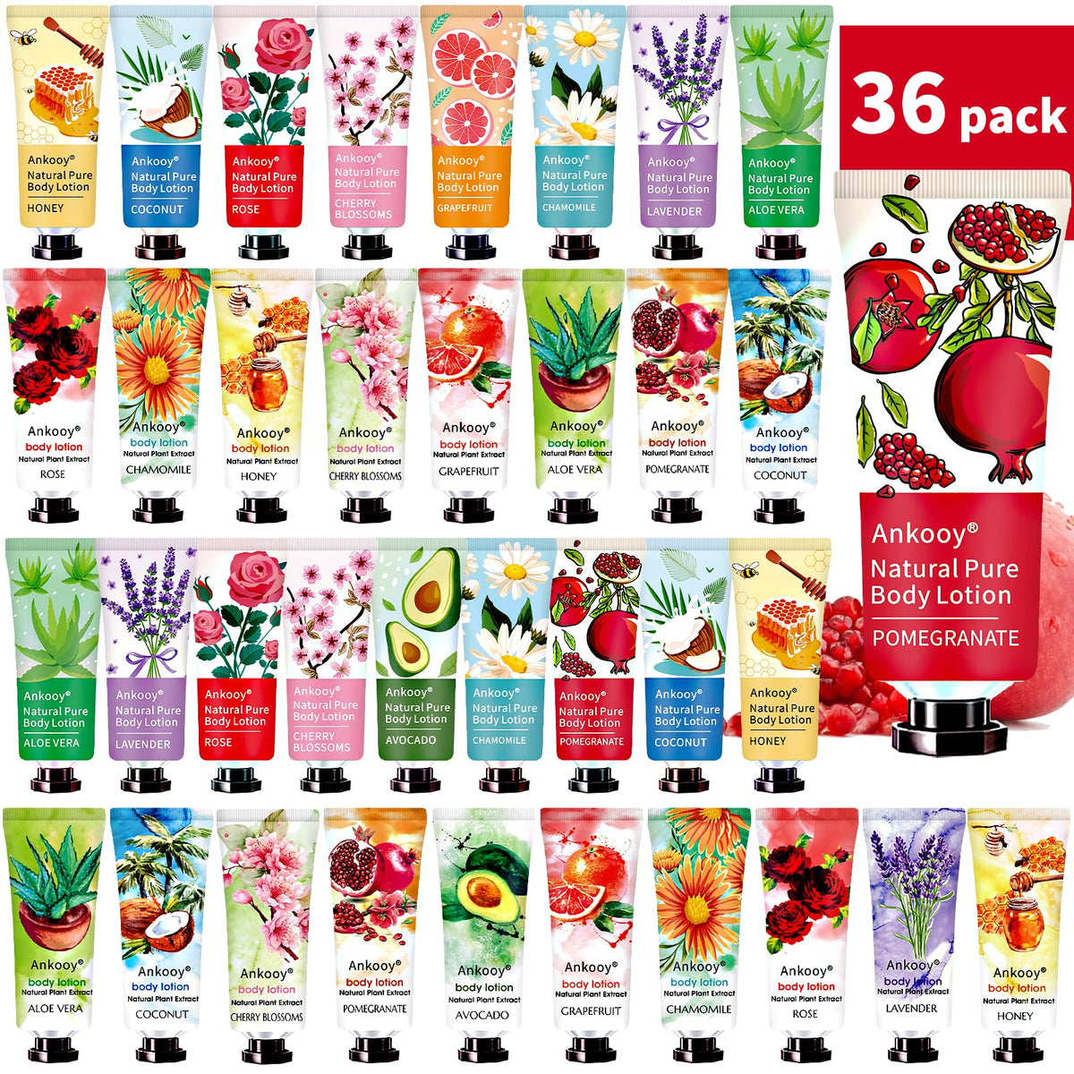 ANKOOY 36-pack body lotion with ten fragrances for daily moisture.