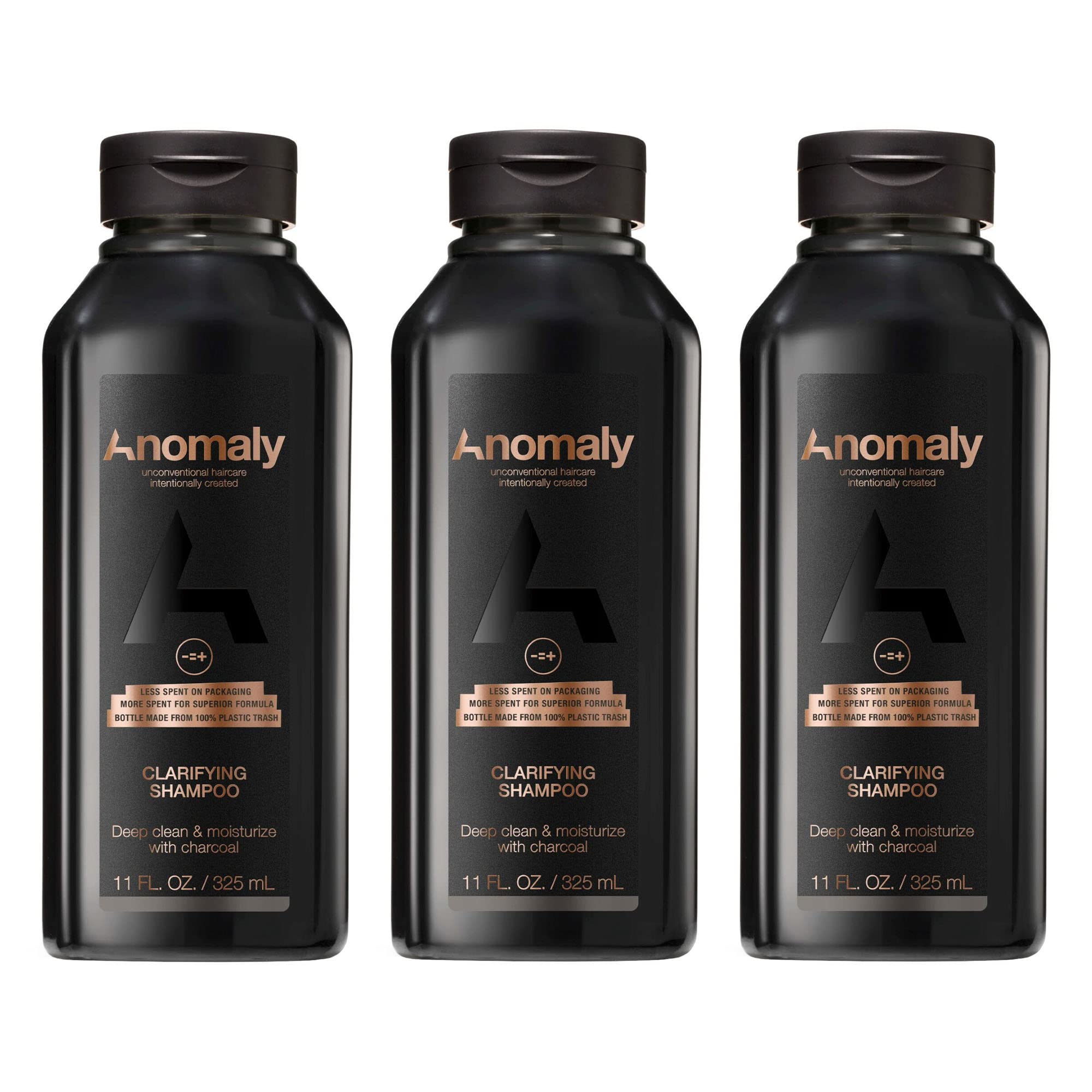 Anomaly Clarifying Shampoo bottle highlighting eco-friendly packaging and charcoal cleansing benefits