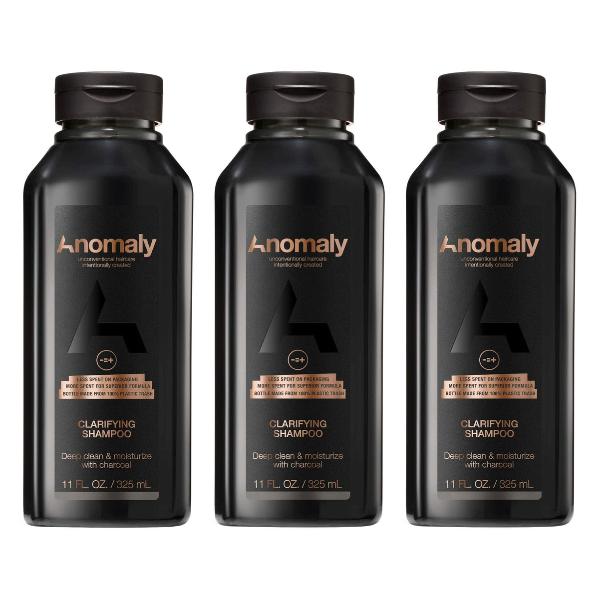 Anomaly Clarifying Shampoo bottle highlighting eco-friendly packaging and charcoal cleansing benefits