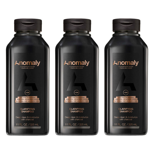 Anomaly Clarifying Shampoo bottle highlighting eco-friendly packaging and charcoal cleansing benefits