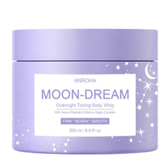 Anroha Moon Dream bottle on a nightstand, suggesting a nightly firming routine.