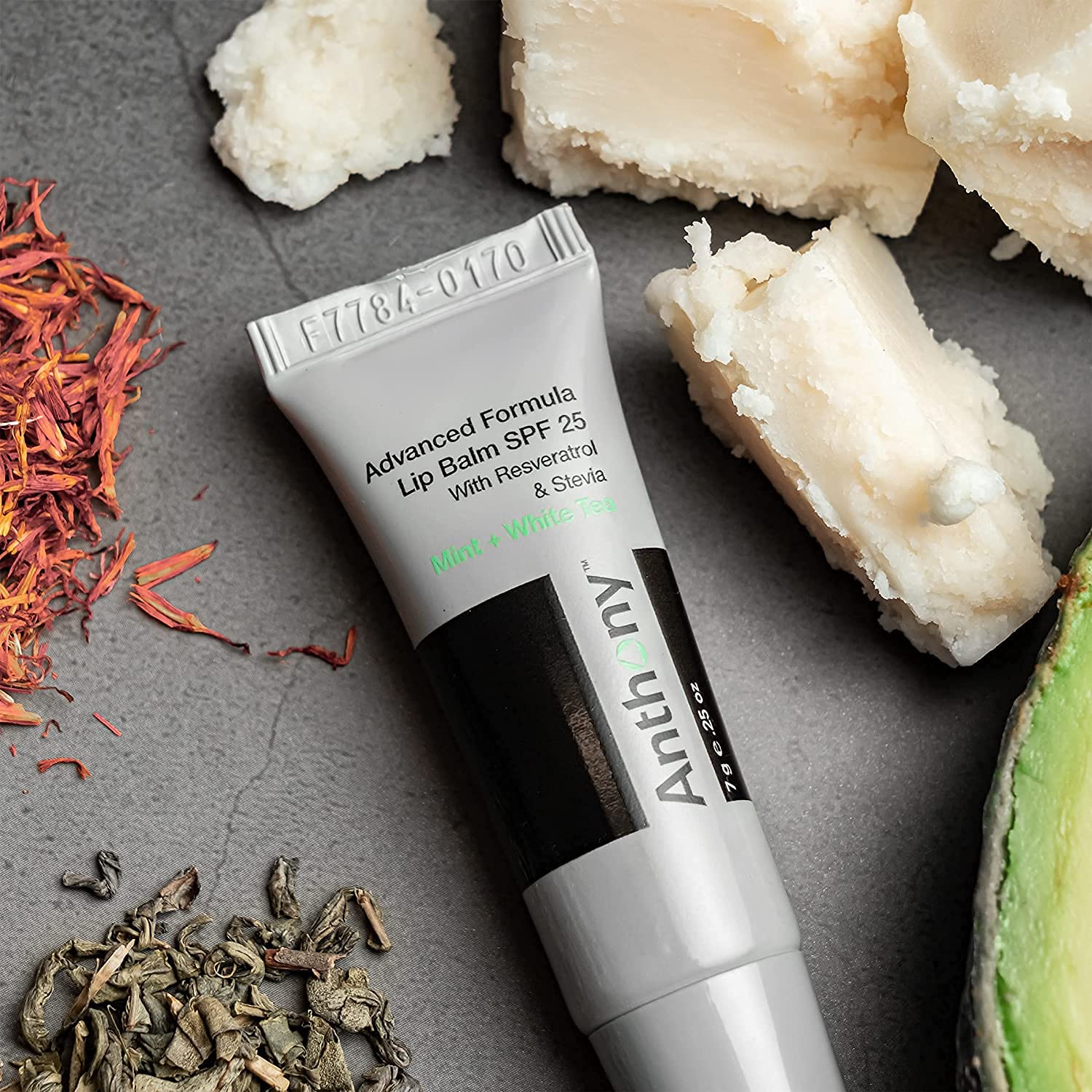 Anthony lip balm ingredients panel featuring green tea and shea butter.