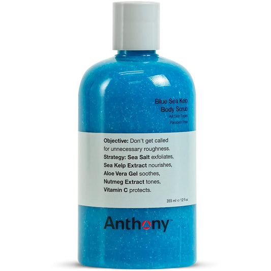 Anthony Exfoliating Scrub sea salt bottle emphasizes deep cleansing for smoother skin.
