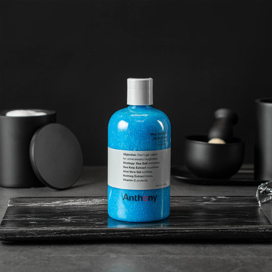 Anthony Exfoliating Scrub sea salt crystals close-up showcases natural exfoliation.