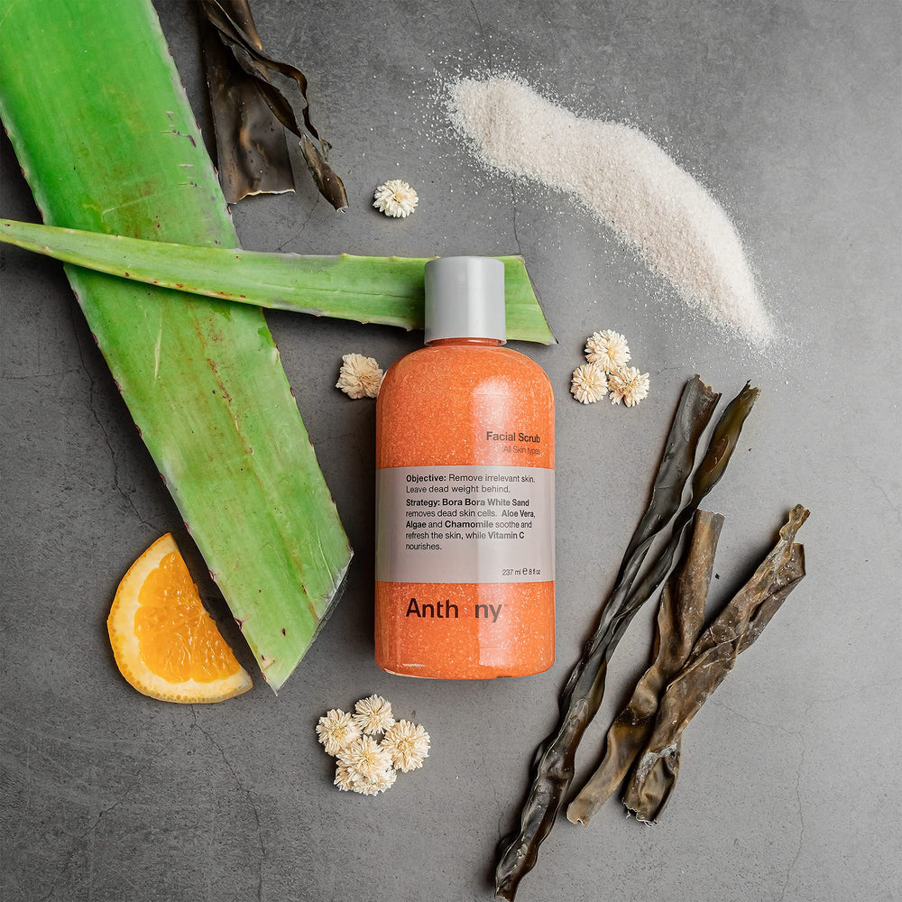 Anthony Facial Scrub aloe chamomile scene emphasizes soothing relief during the daily cleanse.
