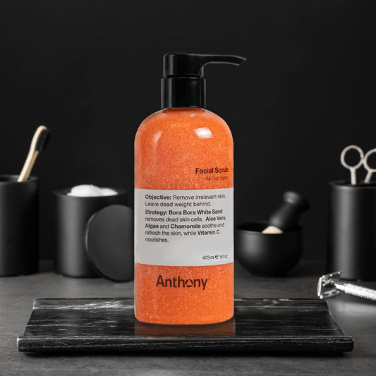 Anthony Facial Scrub beads close-up highlighting natural exfoliation action.