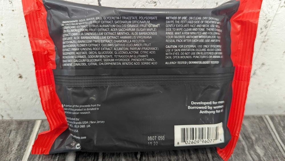 Anthony Glycolic Exfoliating Wipes cruelty-free packaging signals responsible care.