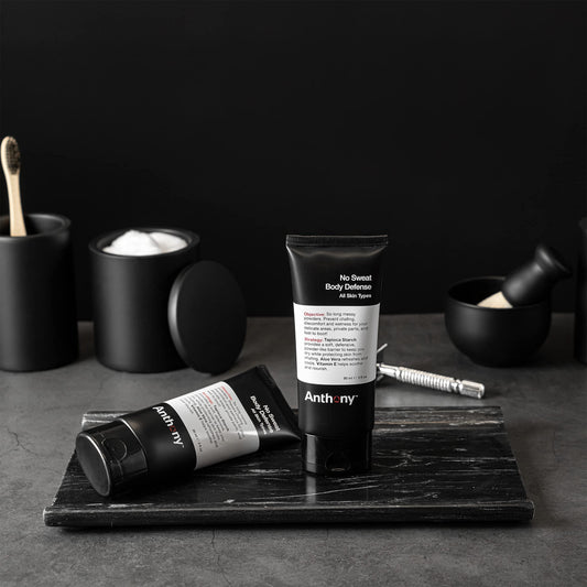 Anthony No Sweat bundle cream-application highlights smooth, cooling cream that dries to a protective powder.