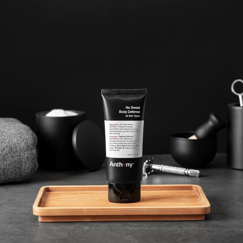 Anthony No Sweat cream-to-powder finish provides a smooth, breathable barrier after application