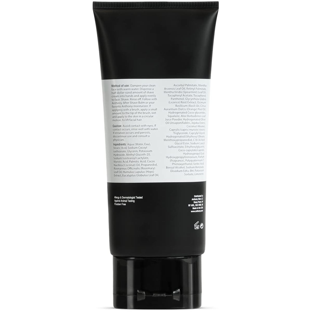 Anthony Shaving Cream safety icons indicate paraben-free and cruelty-free.