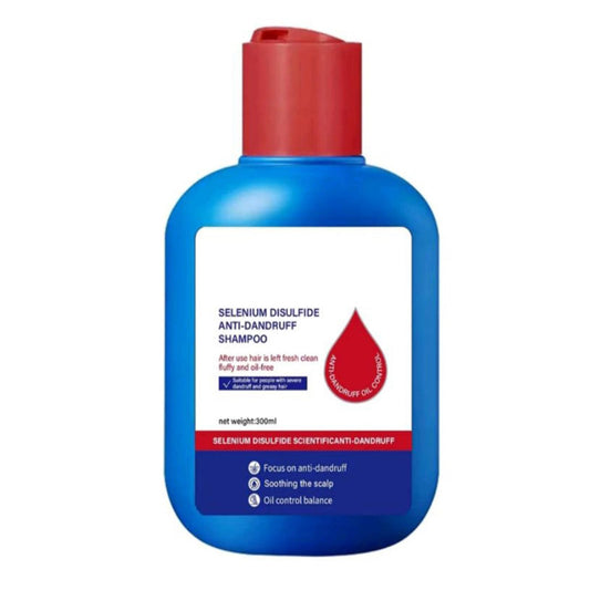 Anti-dandruff shampoo bottle front, suitable for all hair types.