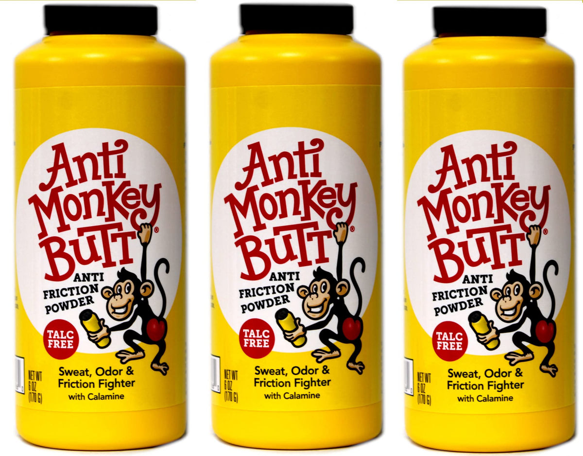 Anti Monkey Butt men's body powder bottle pour for easy application and dry comfort.
