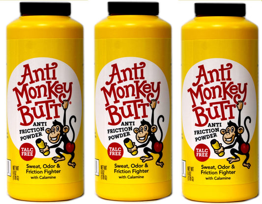 Anti Monkey Butt men's body powder bottle pour for easy application and dry comfort.
