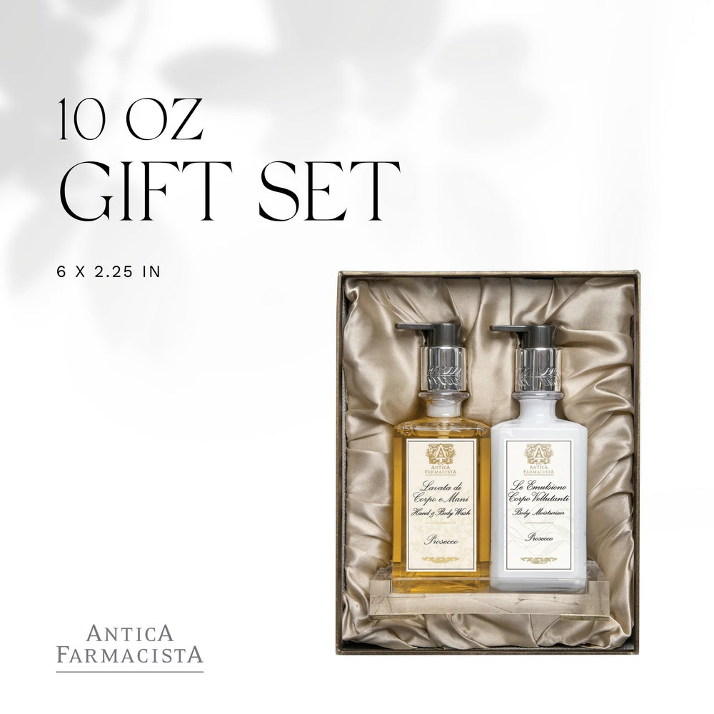 Antica Farmacista Prosecco body moisturizer on the tray for radiant, hydrated skin.