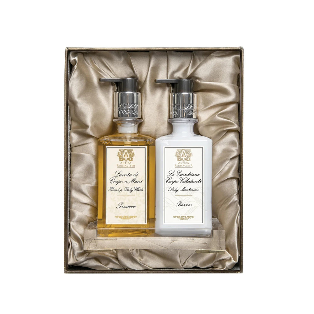 Antica Farmacista Prosecco hand and body wash on an elegant acrylic tray for daily pampering.