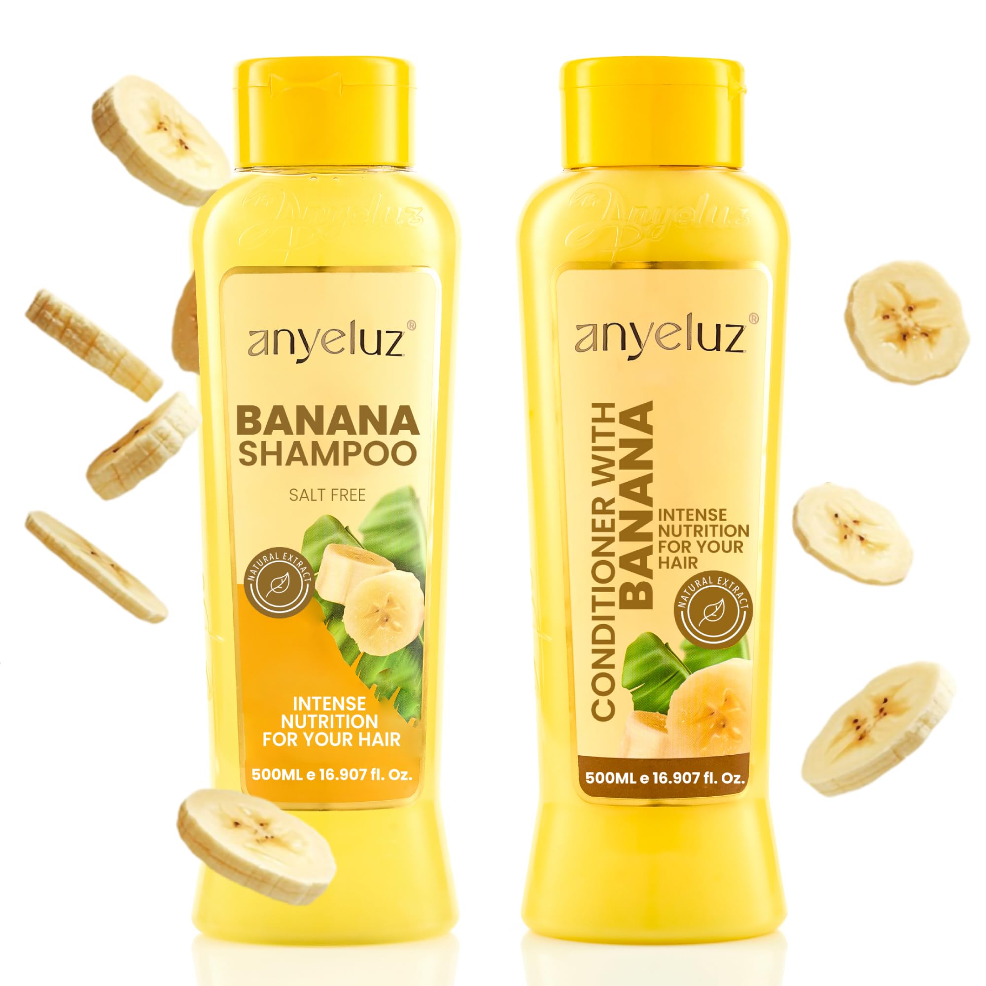 ANYELUZ Banana Shampoo bottle with nourishing banana formula for soft, manageable hair.