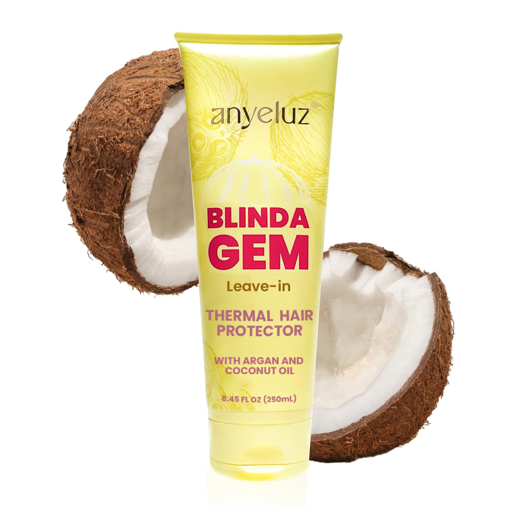 ANYELUZ hair thermal protectant bottle shields hair from heat during styling.