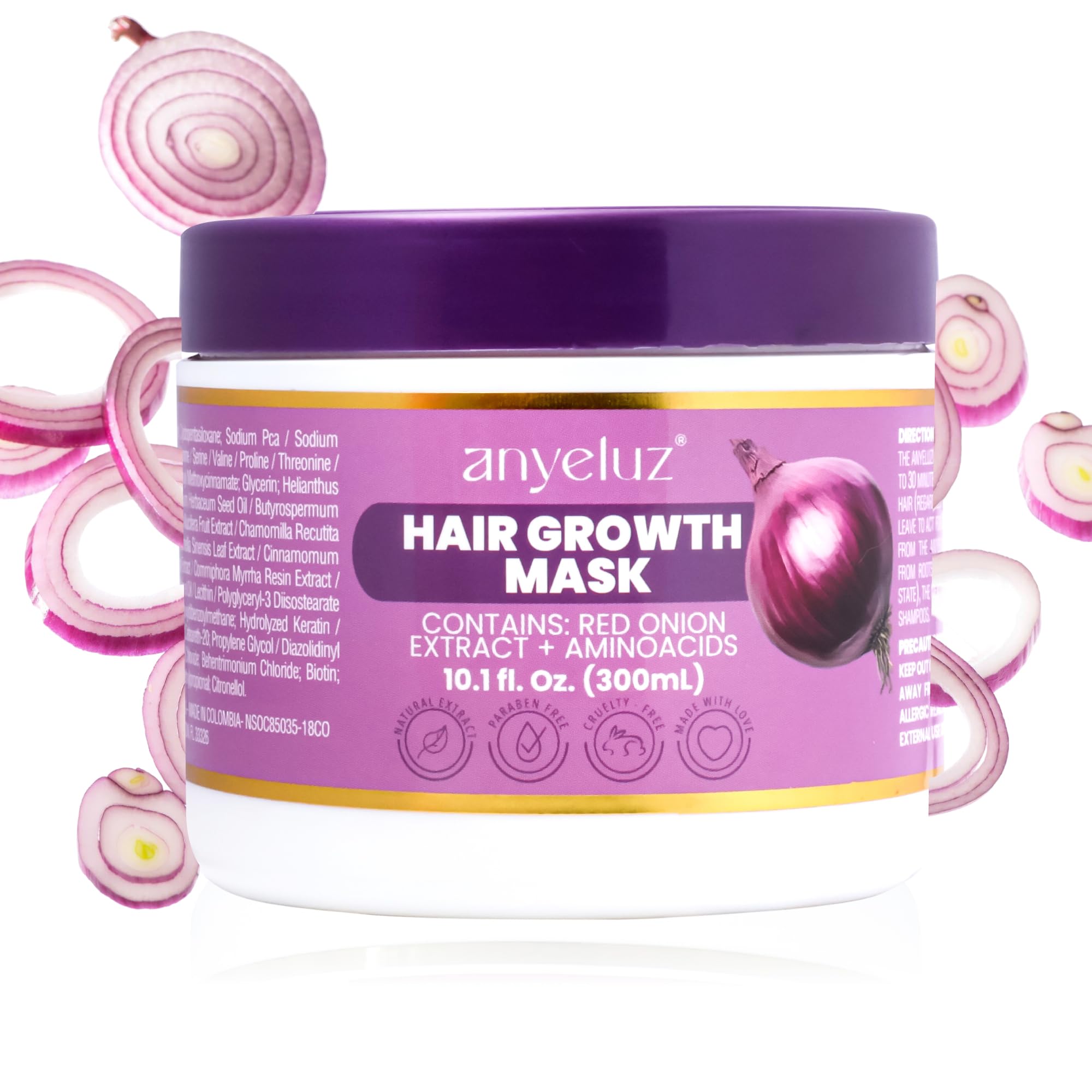 Anyeluz Onion Hair Mask bottle close-up highlighting hydration and color protection