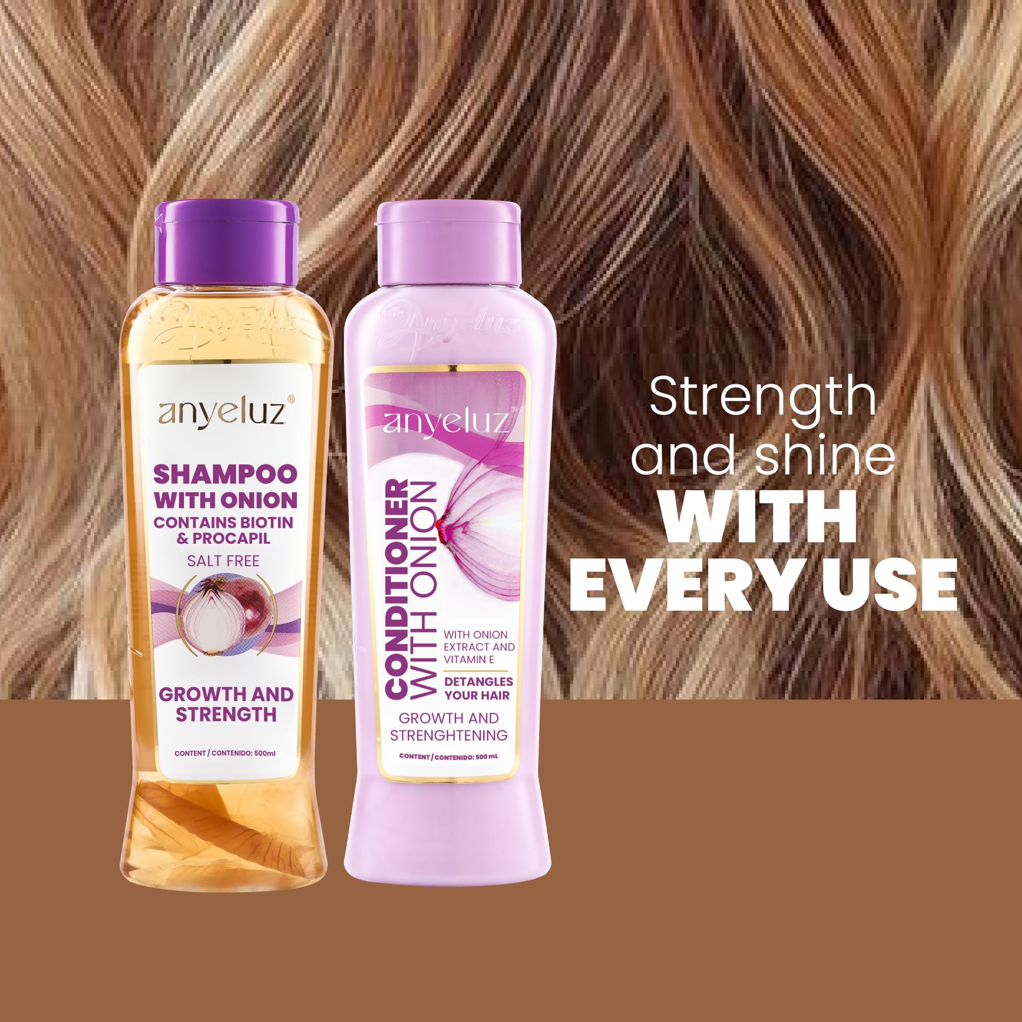 Anyeluz onion-set-packaging emphasizes keratin-safe, paraben-free care for all hair types.
