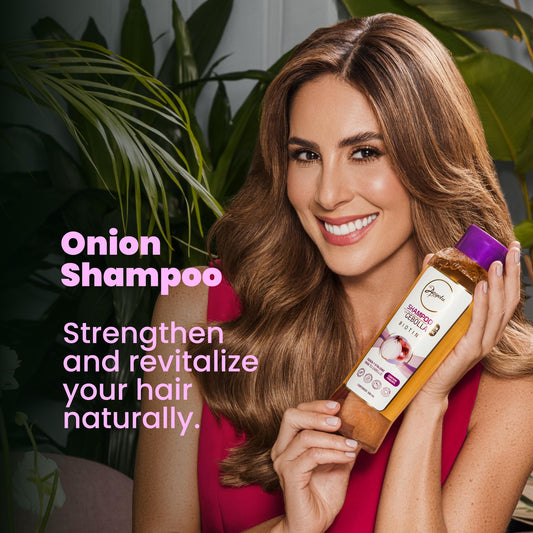 ANYELUZ Onion Shampoo bottle front highlights oil control and shine benefits