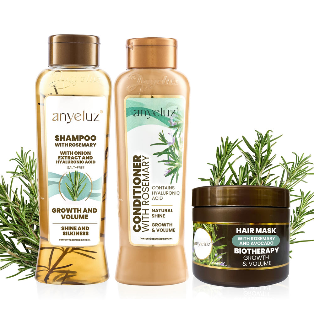ANYELUZ Rosemary Shampoo bottle shows nourished, healthy hair for all types
