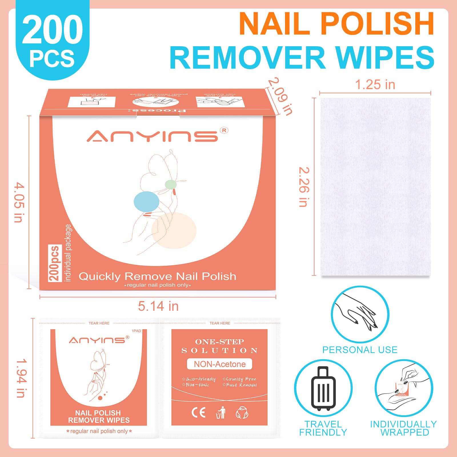 ANYINS remover pads are individually wrapped for mess-free, on-the-go polish removal