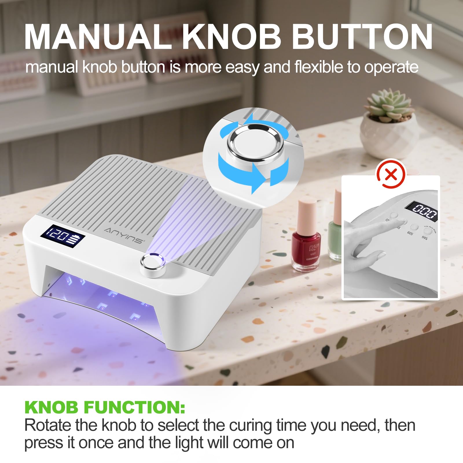 ANYINS UV Nail Lamp cordless design emphasizes travel-friendly portability.