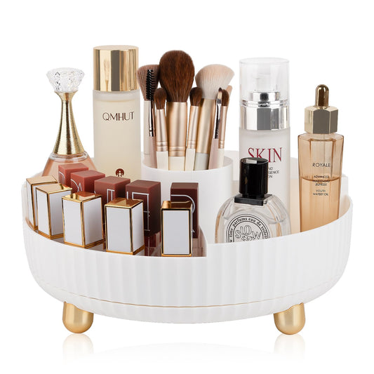 Anyoifax makeup organizer with divider demonstrates easy access to cosmetics on a rotating tray.