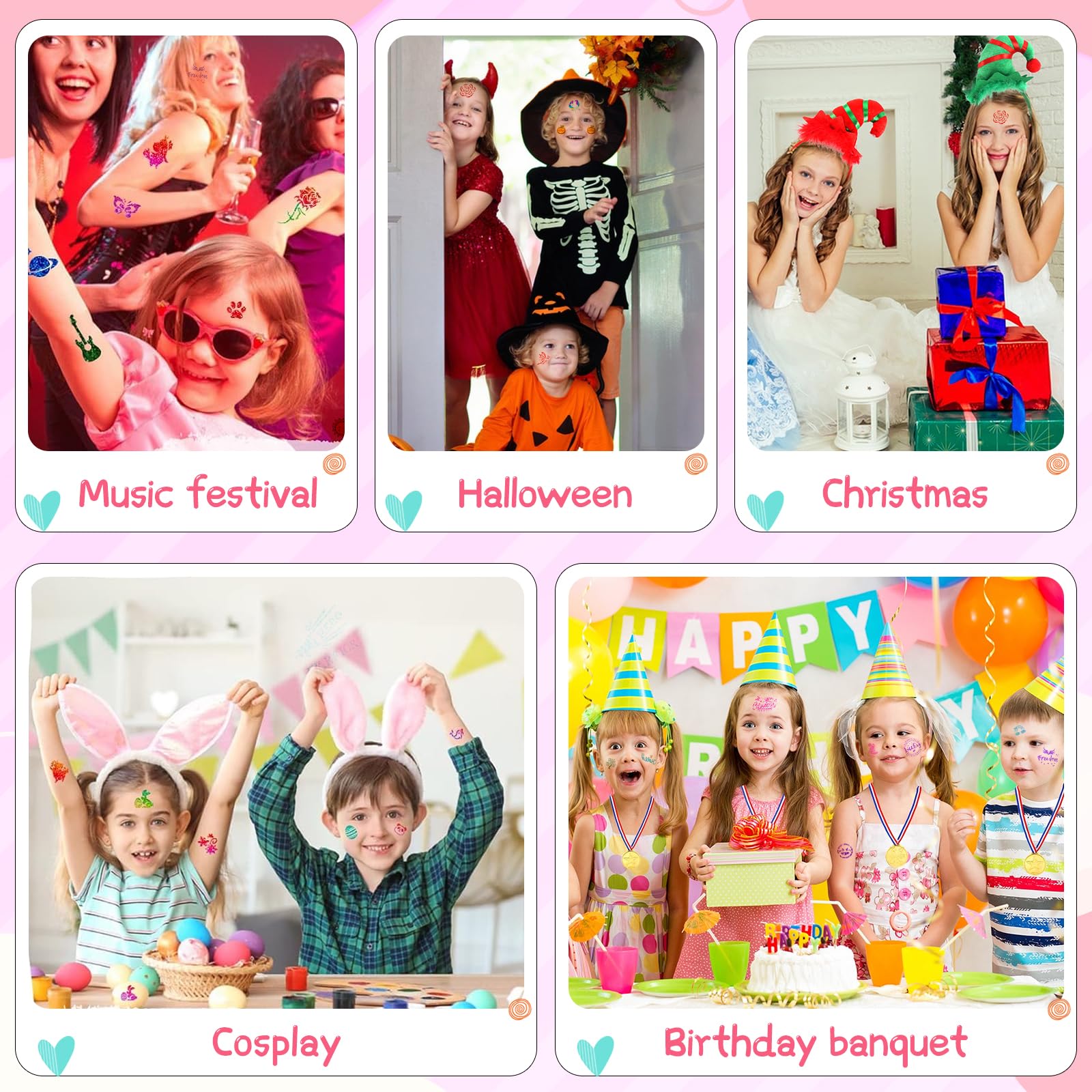 Aottom tattoos on arms or face, ideal for kids' parties.