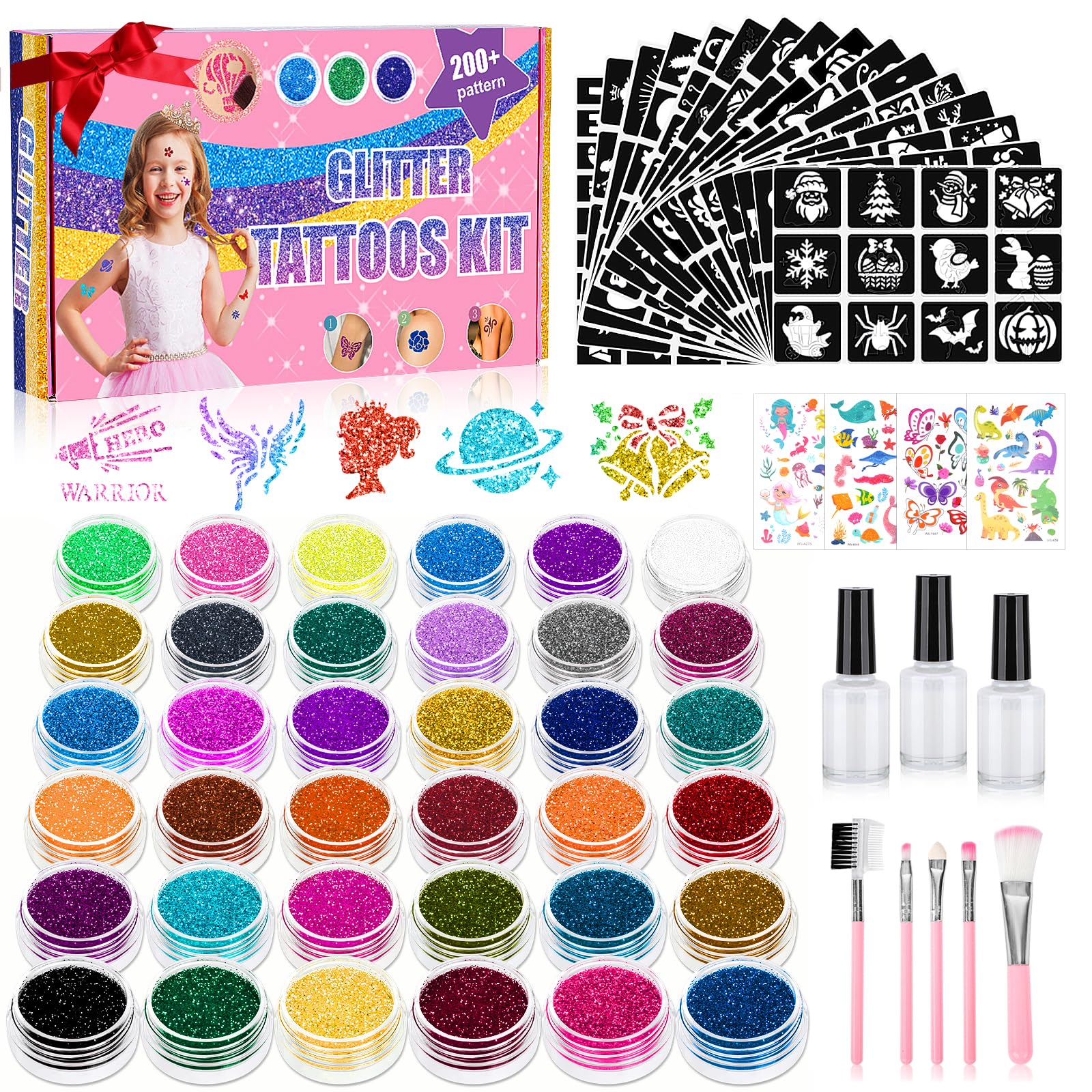 Aottom kit box with colorful glitter and templates for party looks.