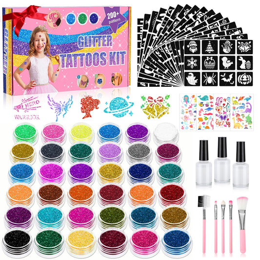 Aottom kit box with colorful glitter and templates for party looks.
