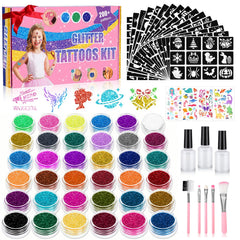 Aottom kit box with colorful glitter and templates for party looks.