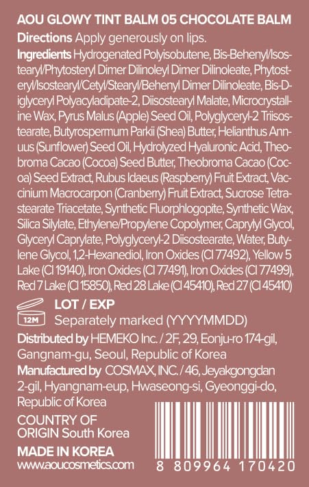AOU Glowy Tint Balm with fruit extracts for moisturized lips