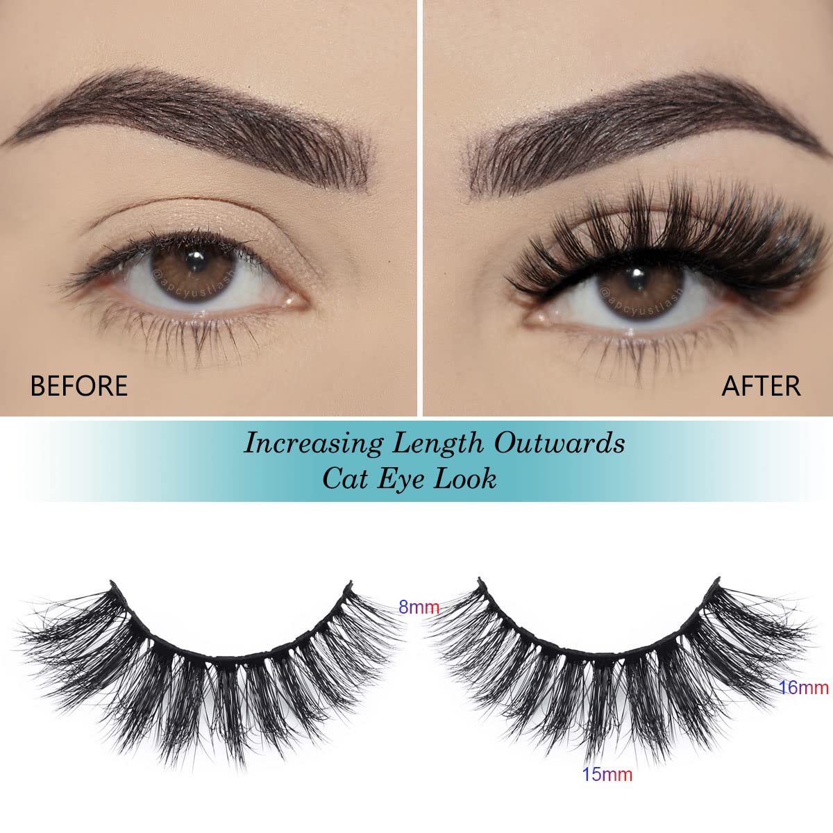 APCYUST lashes with 15mm and 18mm bands provide flexible, comfortable wear.