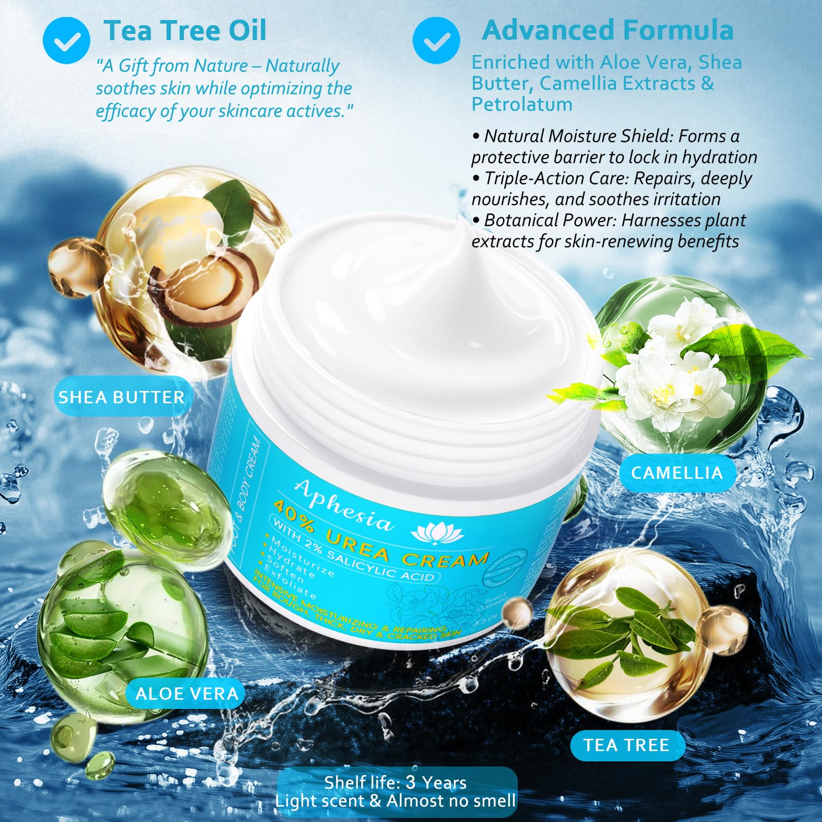 Texture close-up of Aphesia Urea 40% cream, non-greasy after application.