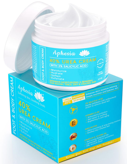 Aphesia Urea 40% cream tube close-up shows a rich, fast-absorbing formula for dry skin.