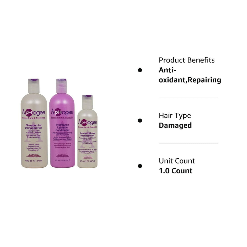 Aphogee pro-vitamin leave-in bottle highlights deep conditioning for easier styling.