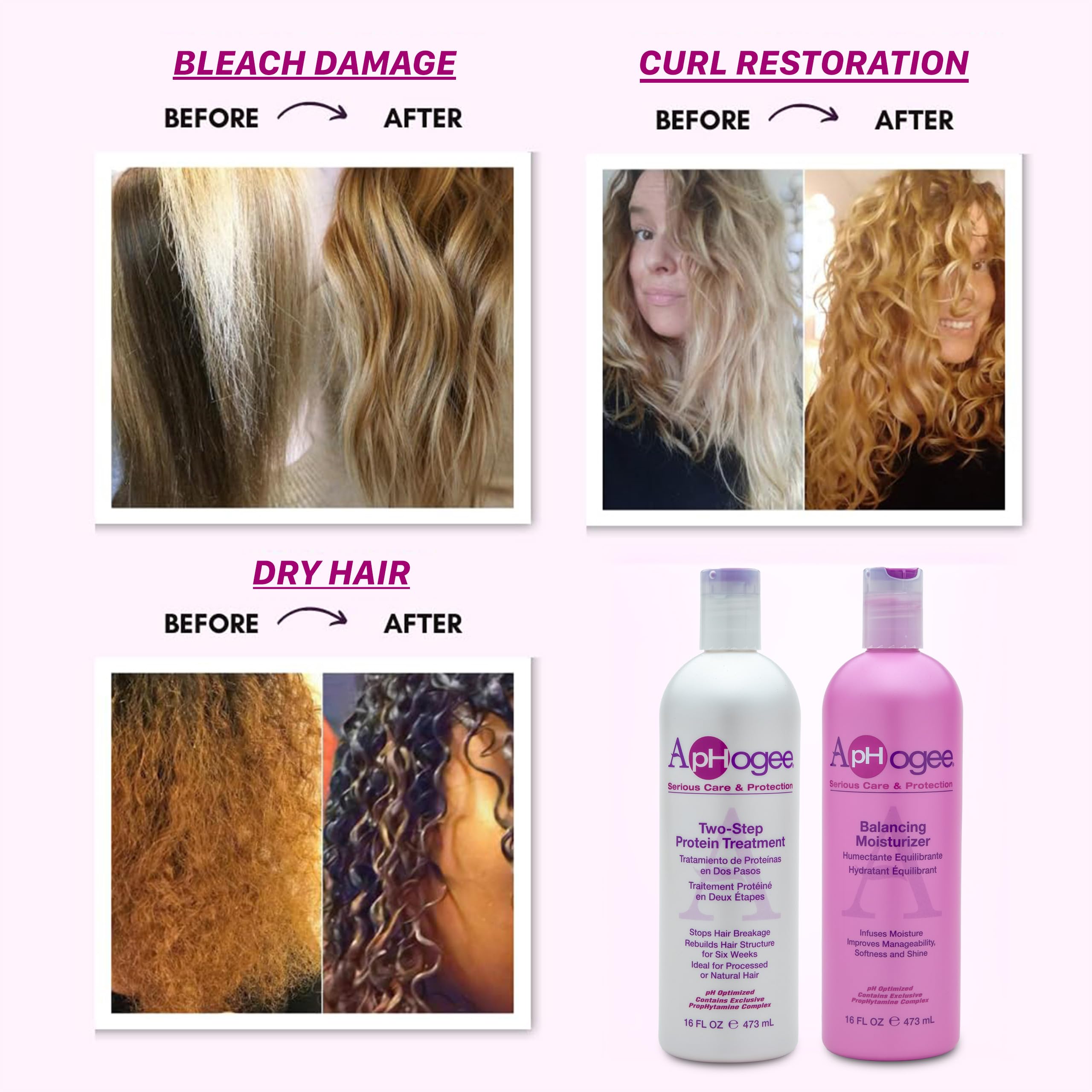 Aphogee protein treatment steps visual highlights repair and resilience for dull strands.