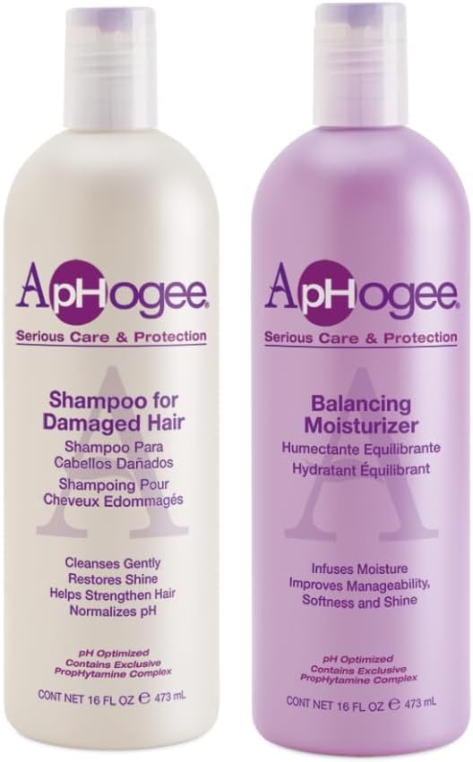 ApHogee Shampoo and Balancing Moisturizer set nourishes damaged hair while protecting color and shine.
